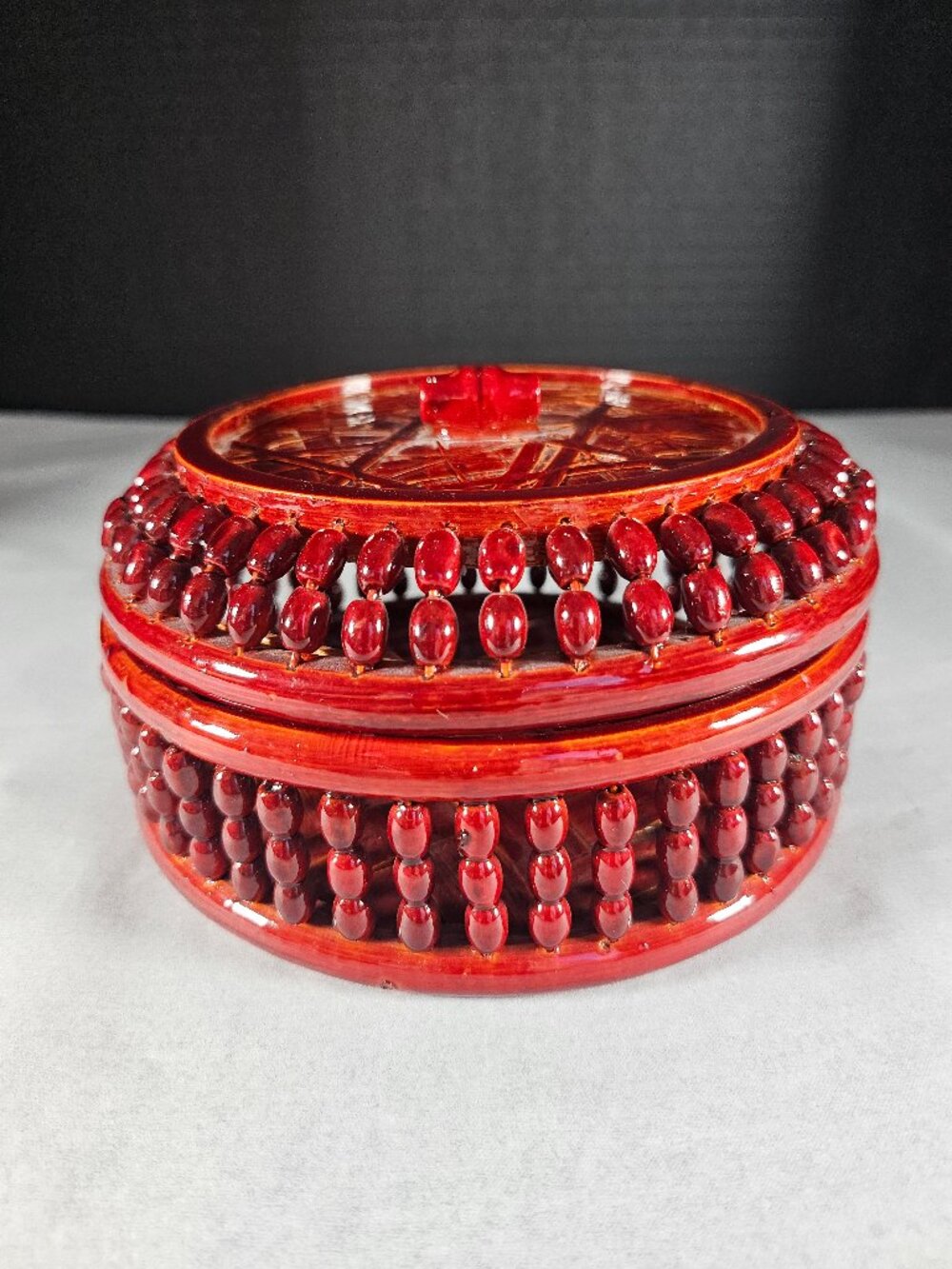 Bamboo Lidded Round Trinket Box Vintage Handmade Open Weave Red Lacquered